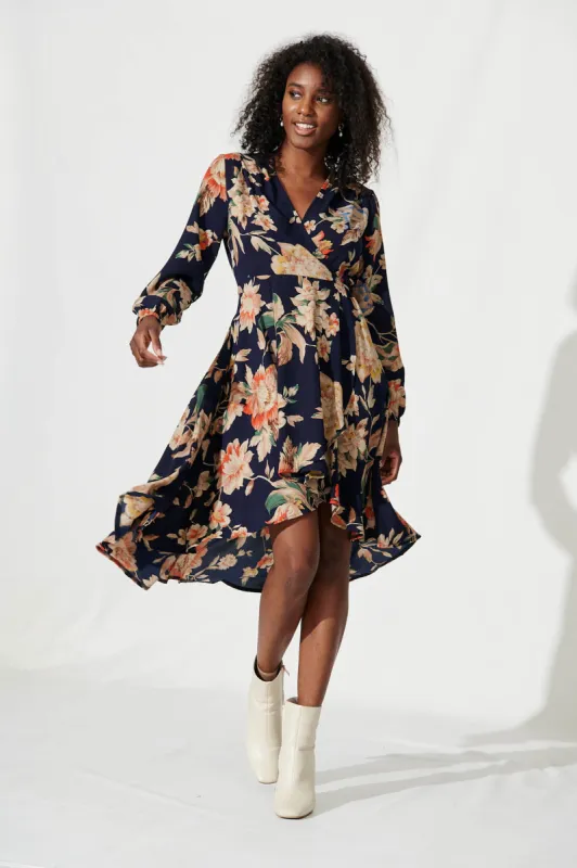 Elyce Midi Wrap Dress In Navy With Beige Floral sold by St Frock