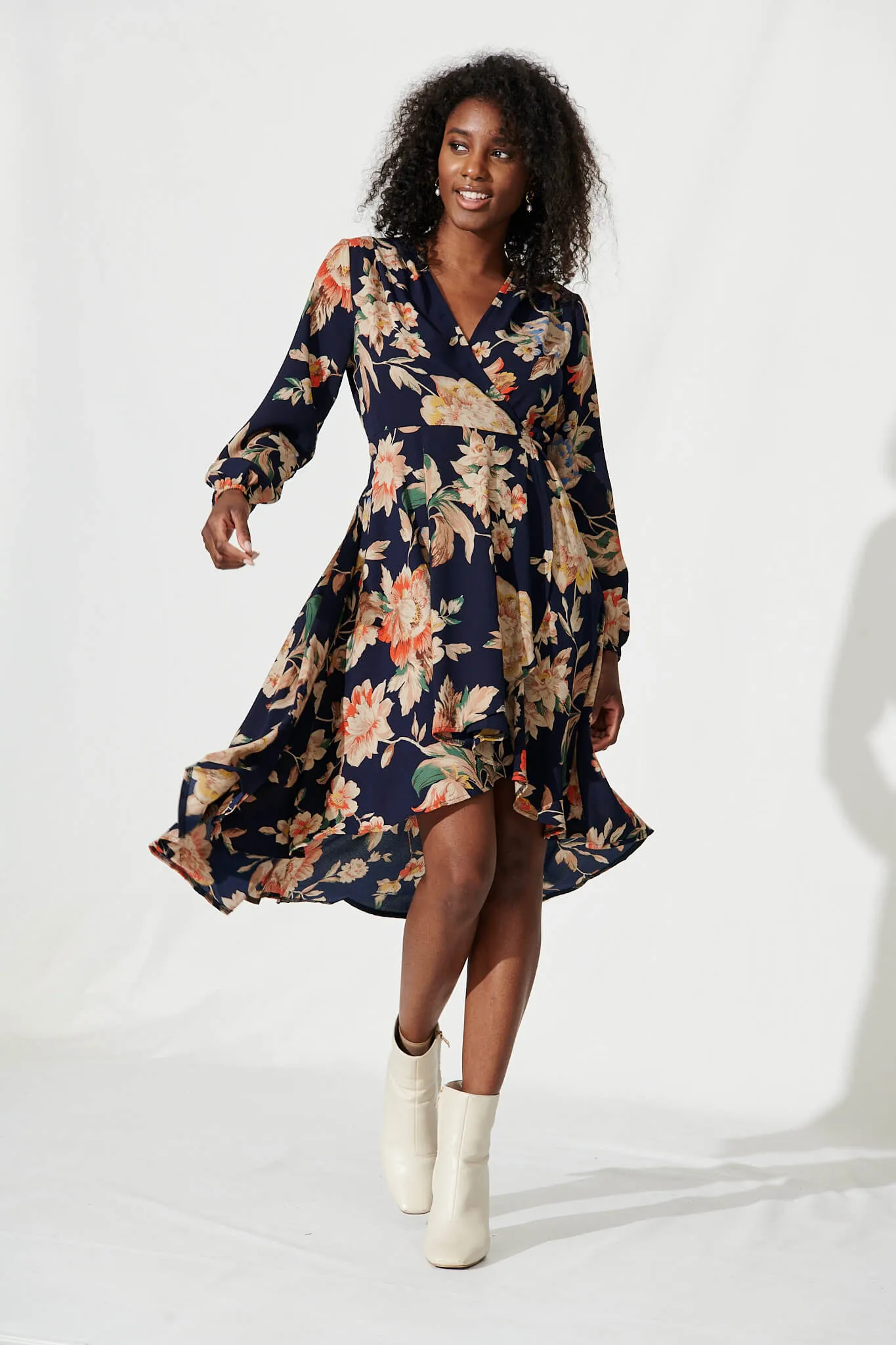 Elyce Midi Wrap Dress In Navy With Beige Floral sold by St Frock