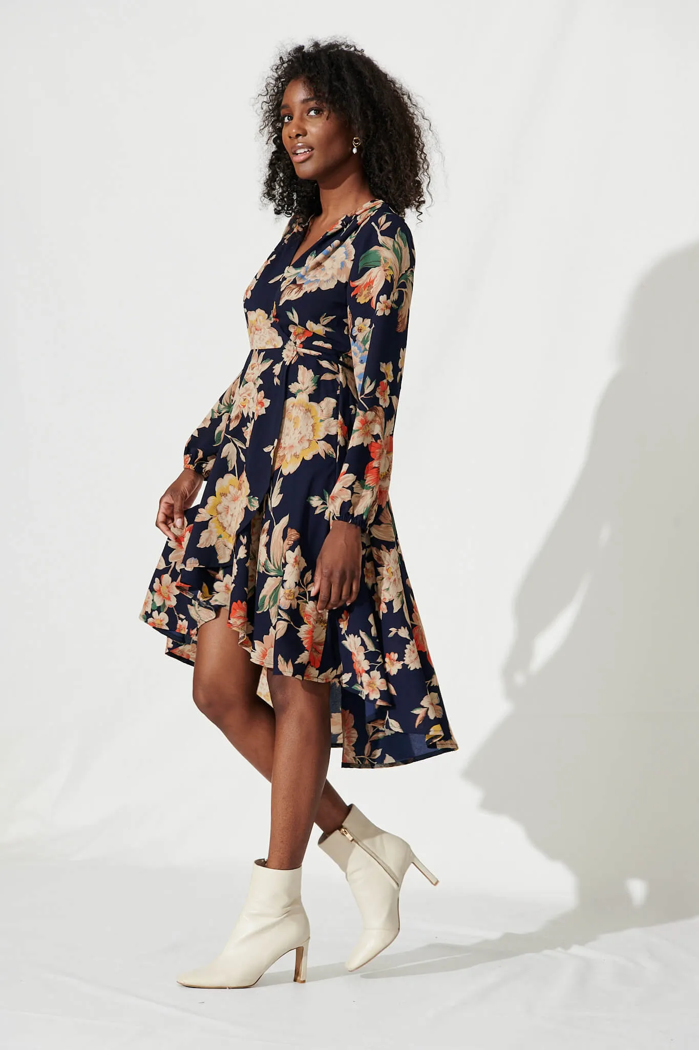 Elyce Midi Wrap Dress In Navy With Beige Floral sold by St Frock product image thumbnail 3