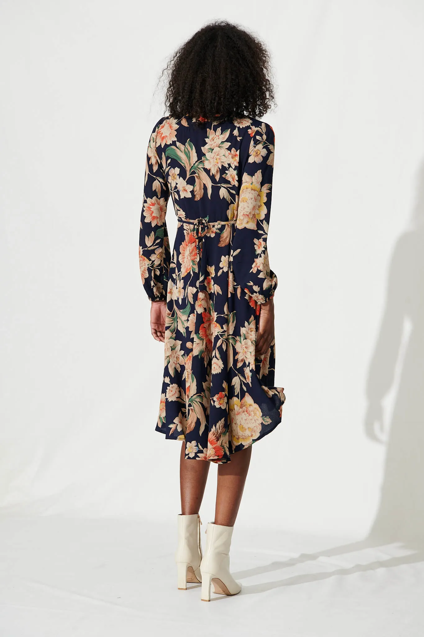 Elyce Midi Wrap Dress In Navy With Beige Floral sold by St Frock product image thumbnail 4