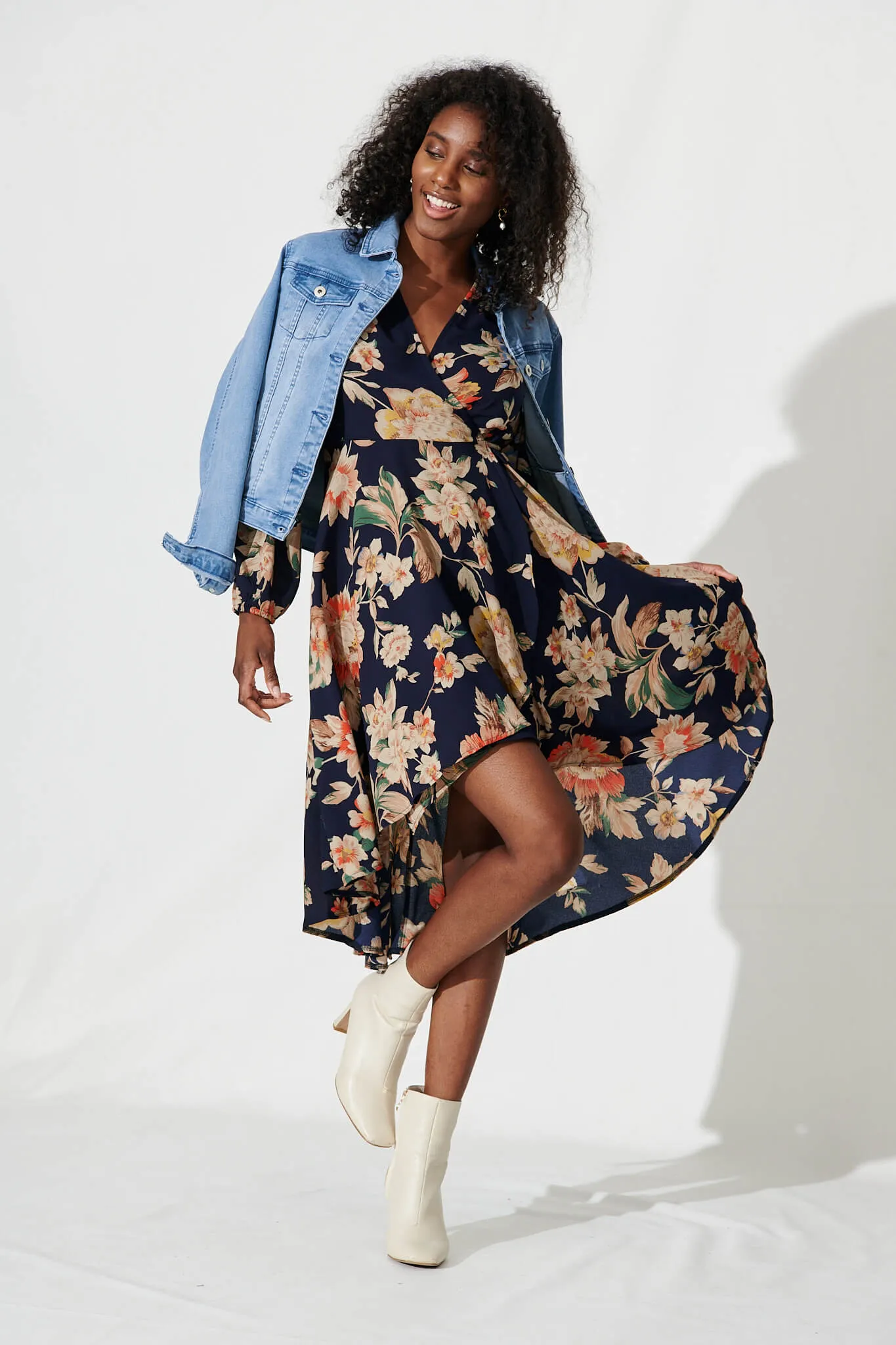 Elyce Midi Wrap Dress In Navy With Beige Floral sold by St Frock product image thumbnail 5