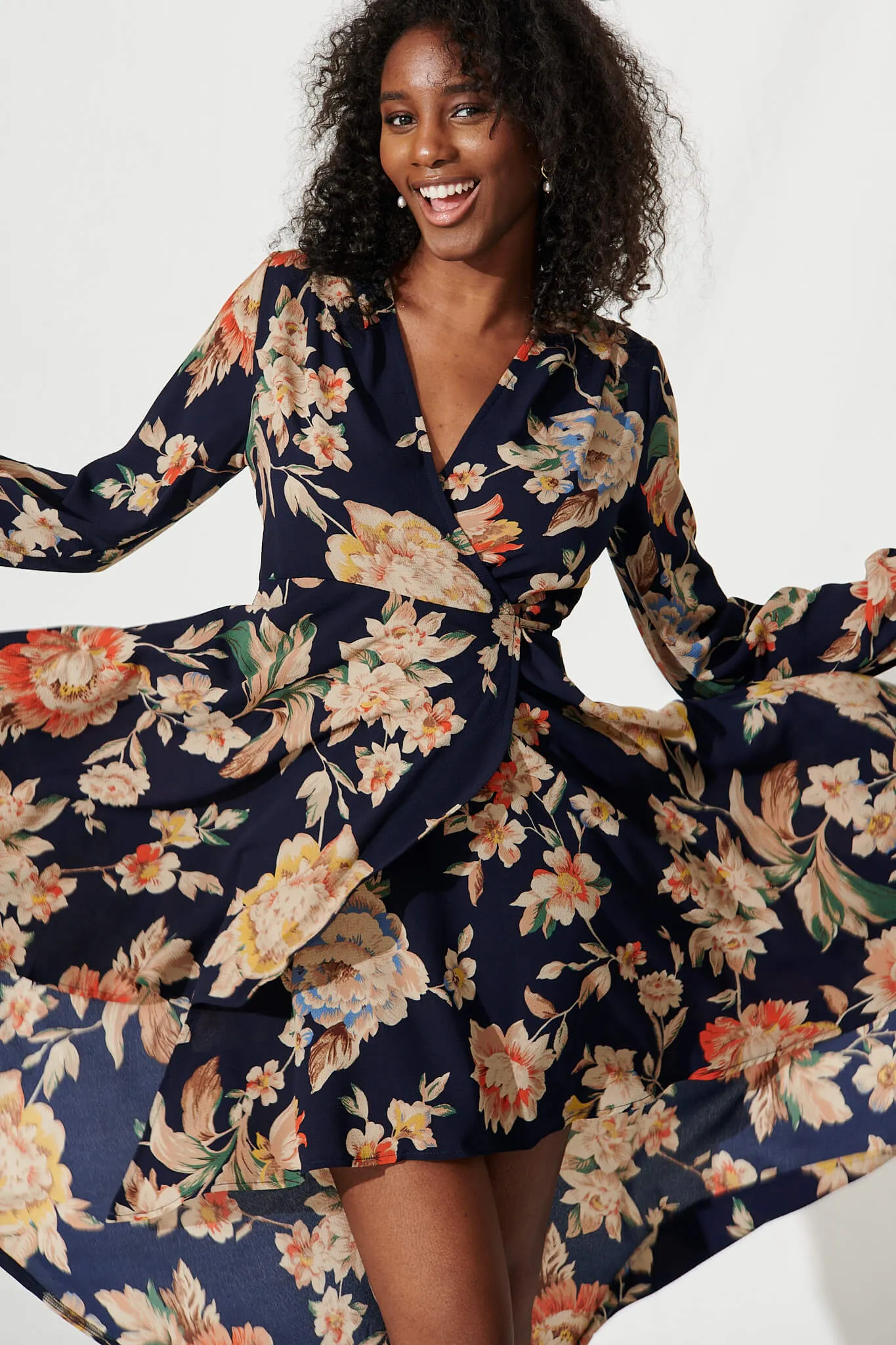 Elyce Midi Wrap Dress In Navy With Beige Floral sold by St Frock product image thumbnail 2