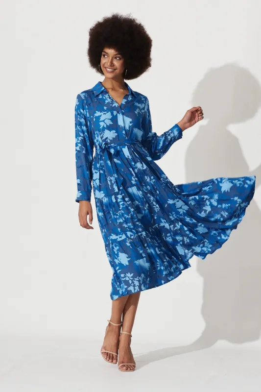 Laylani Midi Shirt Dress In Blue Floral sold by St Frock