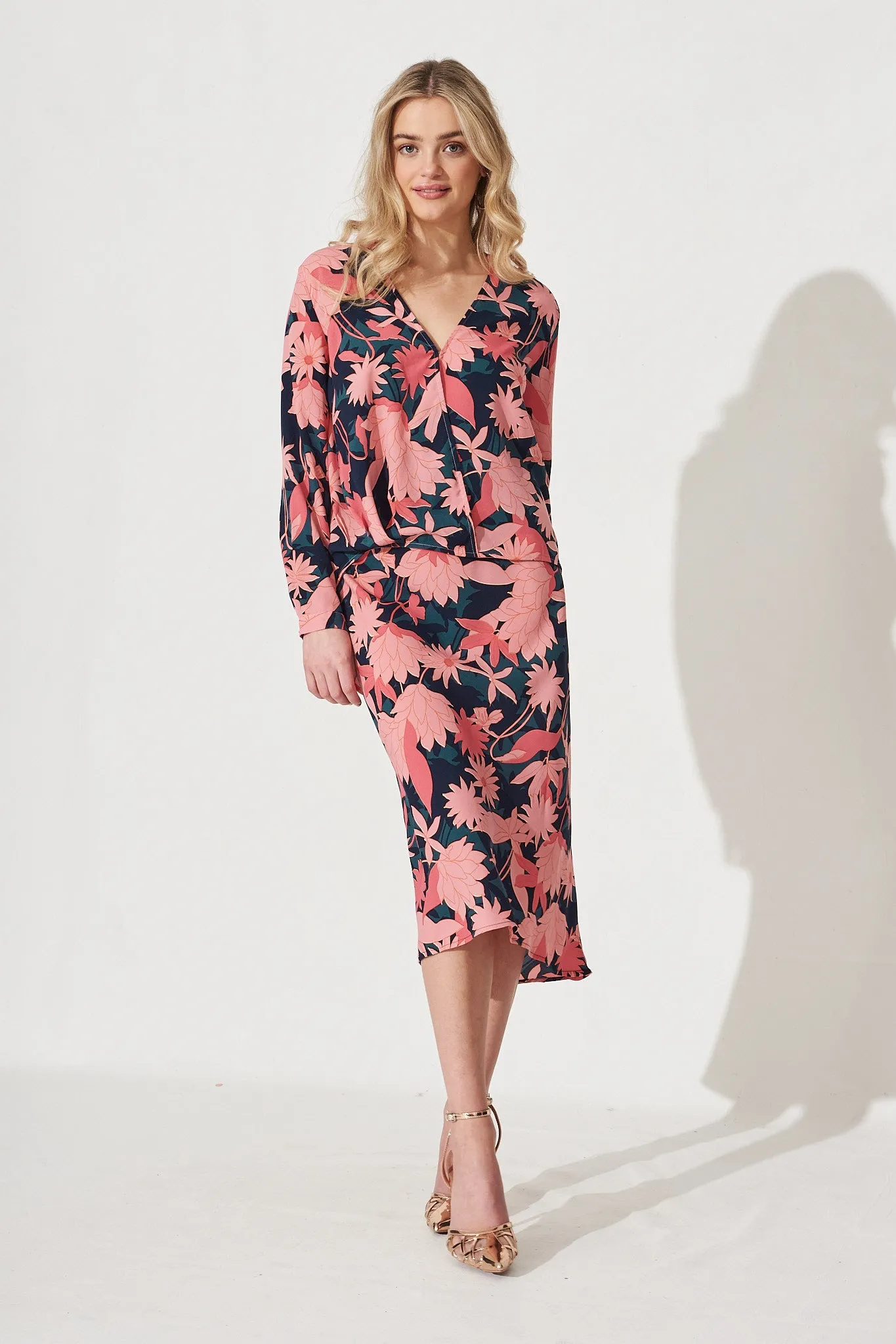 Wild Bloom Midi Skirt In Teal With Blush Floral Satin sold by St Frock product image thumbnail 5