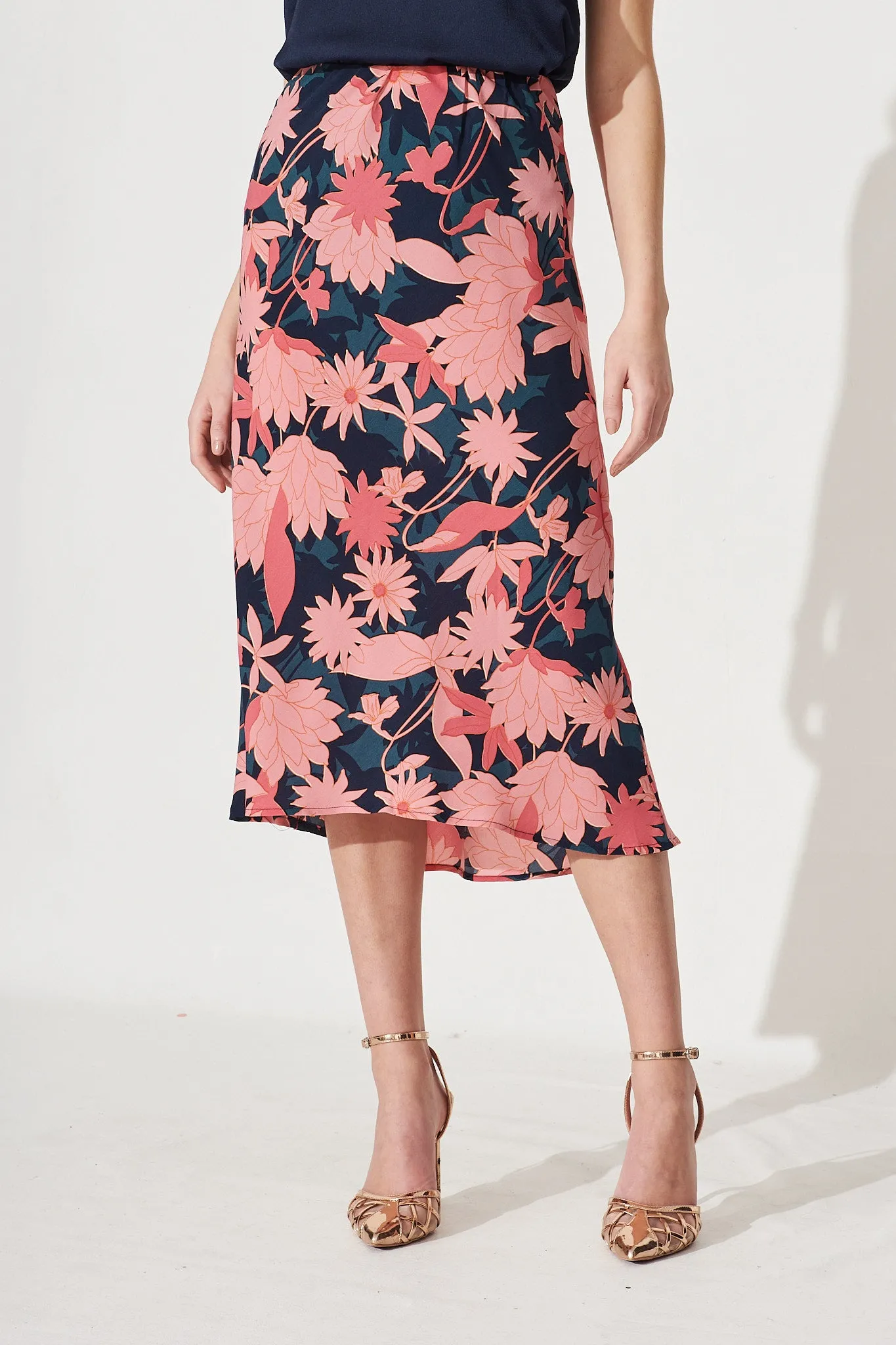 Wild Bloom Midi Skirt In Teal With Blush Floral Satin sold by St Frock product image thumbnail 2