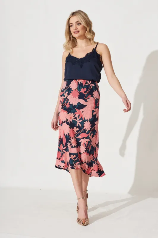 Wild Bloom Midi Skirt In Teal With Blush Floral Satin sold by St Frock