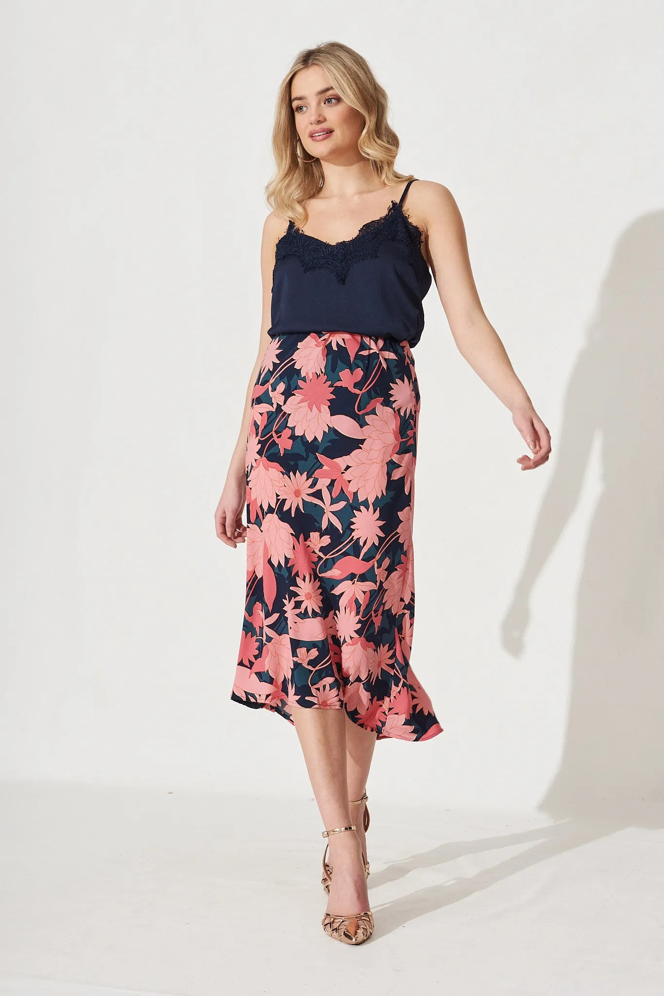 Wild Bloom Midi Skirt In Teal With Blush Floral Satin sold by St Frock