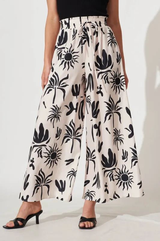 Goldie Wide Leg Pant In Cream With Black Print Linen Blend sold by St Frock
