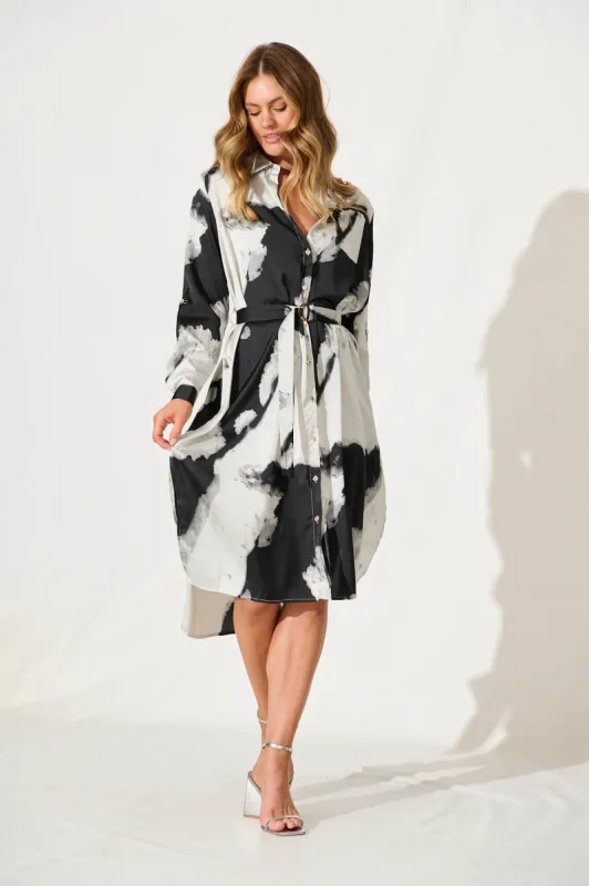 Dayside Midi Shirt Dress In Black And Grey Watercolour Satin sold by St Frock