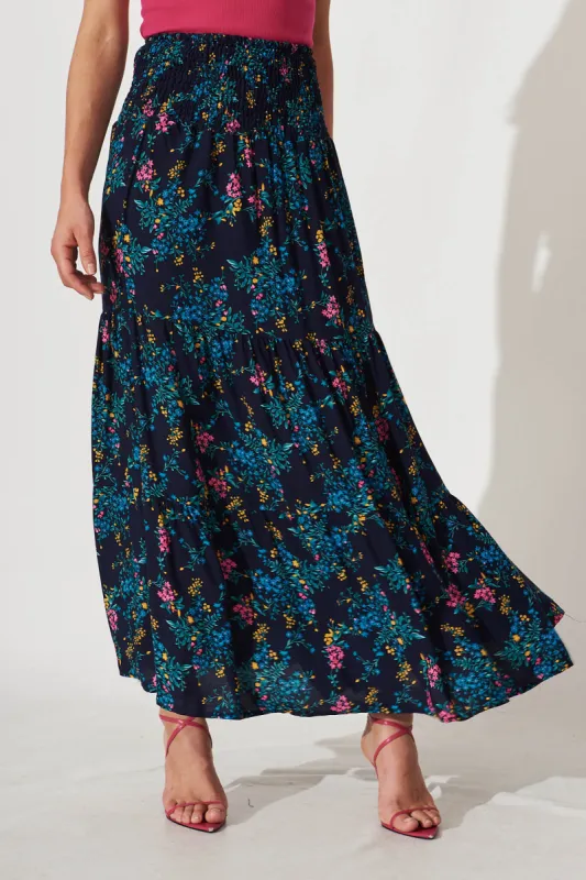 Macarena Maxi Skirt In Navy With Blue Floral sold by St Frock