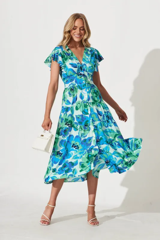 Lively Midi Dress In Blue With Green Floral sold by St Frock