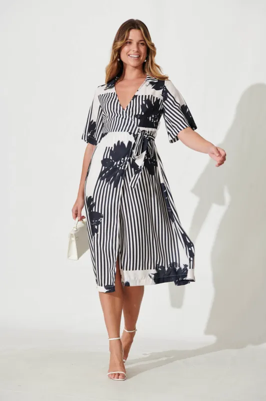 Touch Midi Wrap Dress In Black Stripe Floral Linen Blend sold by St Frock
