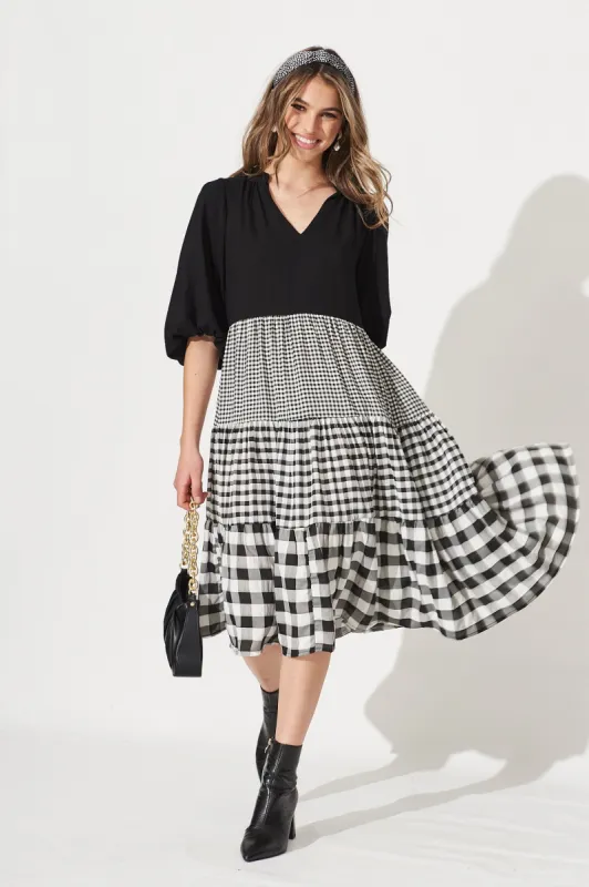 Kehlana Tiered Midi Dress In Black Multi Gingham sold by St Frock