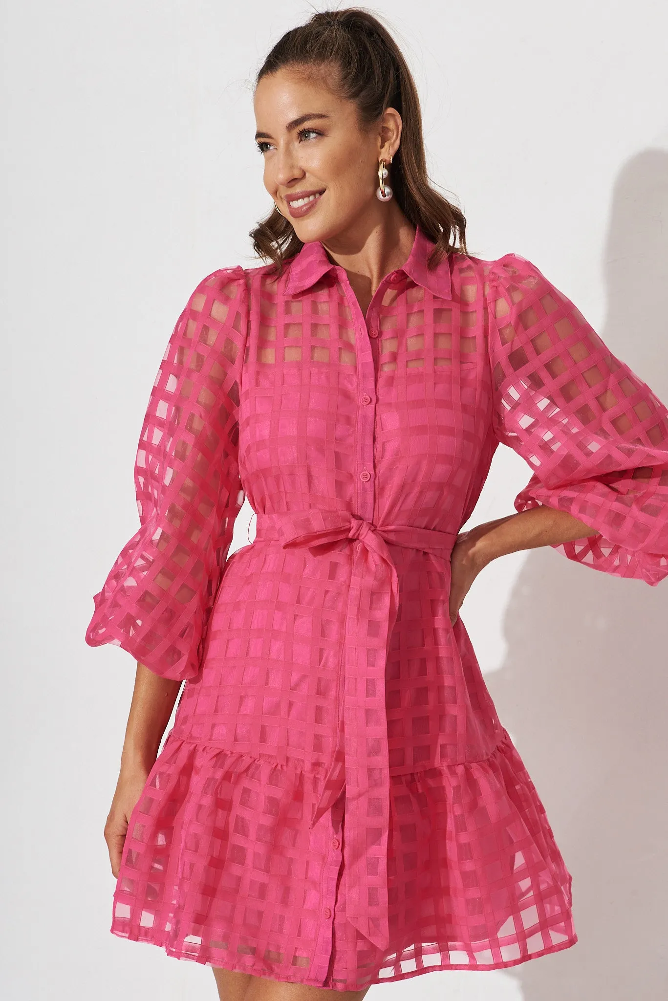 Giulia Shirt Dress In Hot Pink Organza | Parallel