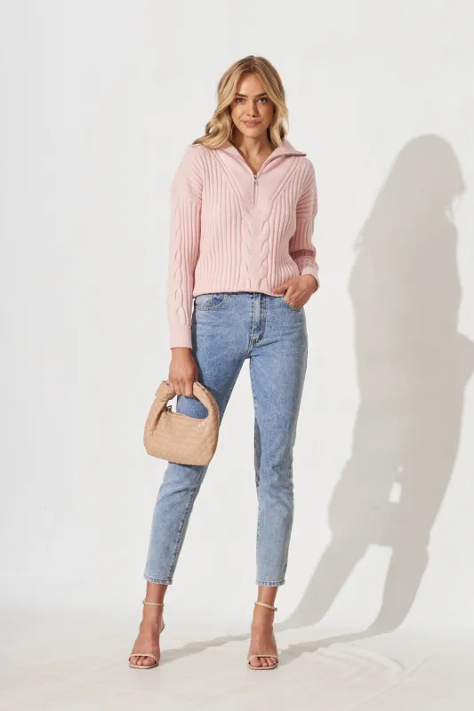 Upney Zip Cable Knit In Pale Pink Wool Blend sold by St Frock