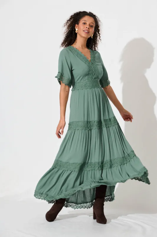 Mona Maxi Dress In Dark Sage Green sold by St Frock