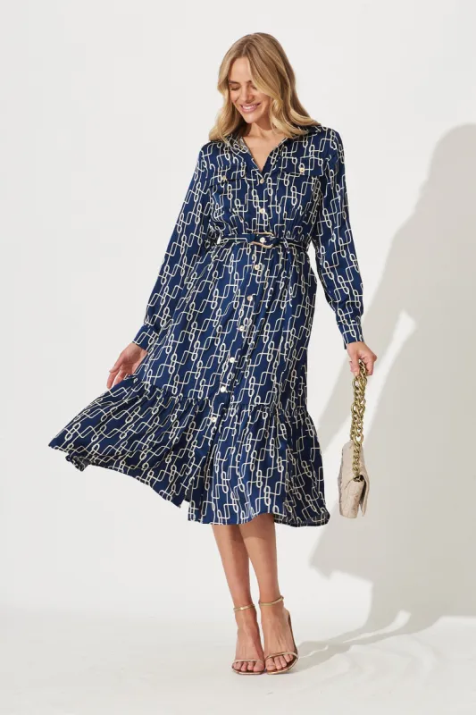 Divinity Midi Shirt Dress In Navy With Cream Chain Print sold by St Frock