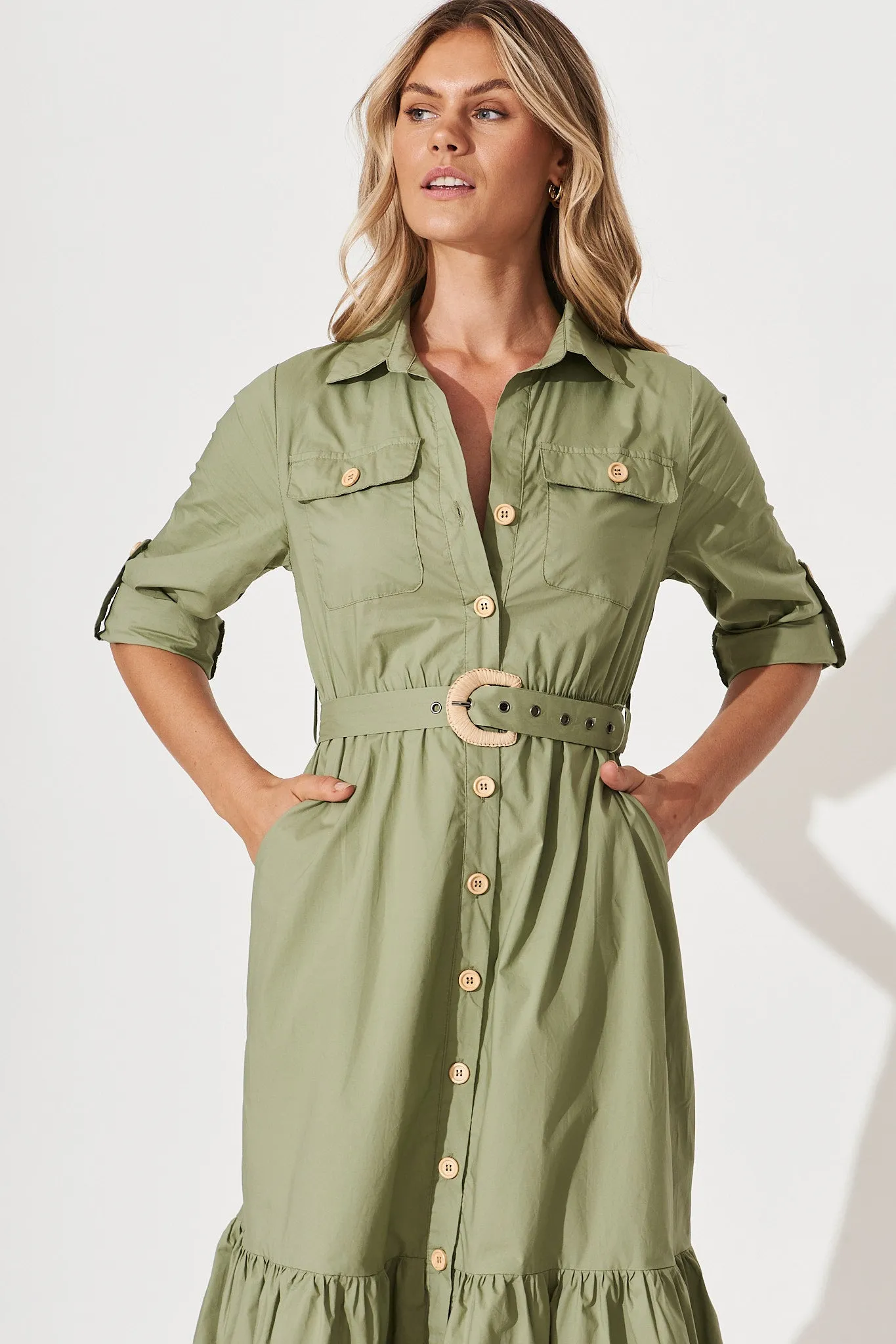 Cornellie Midi Shirt Dress In Khaki Cotton sold by St Frock product image thumbnail 3
