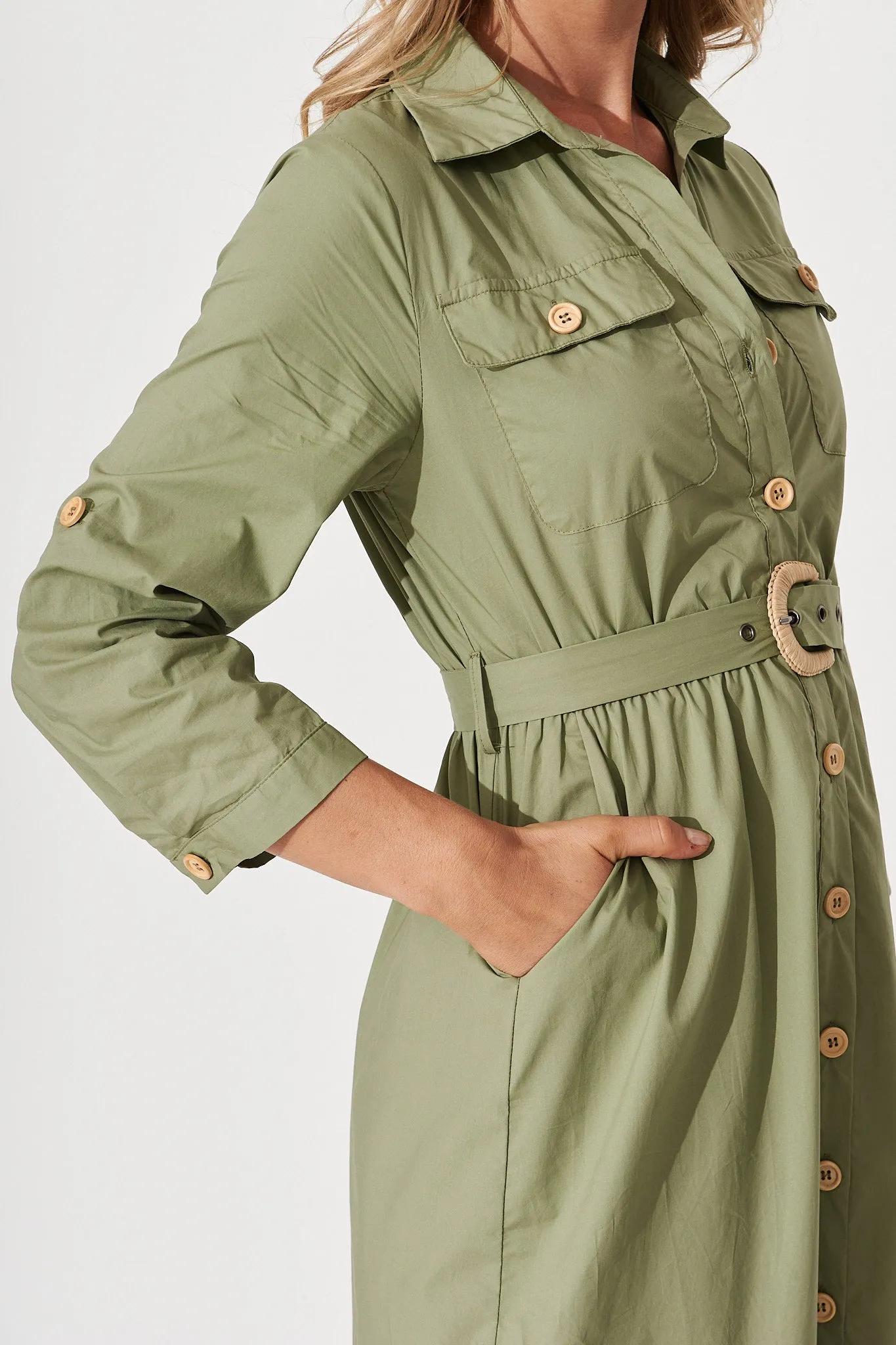 Cornellie Midi Shirt Dress In Khaki Cotton sold by St Frock product image thumbnail 5