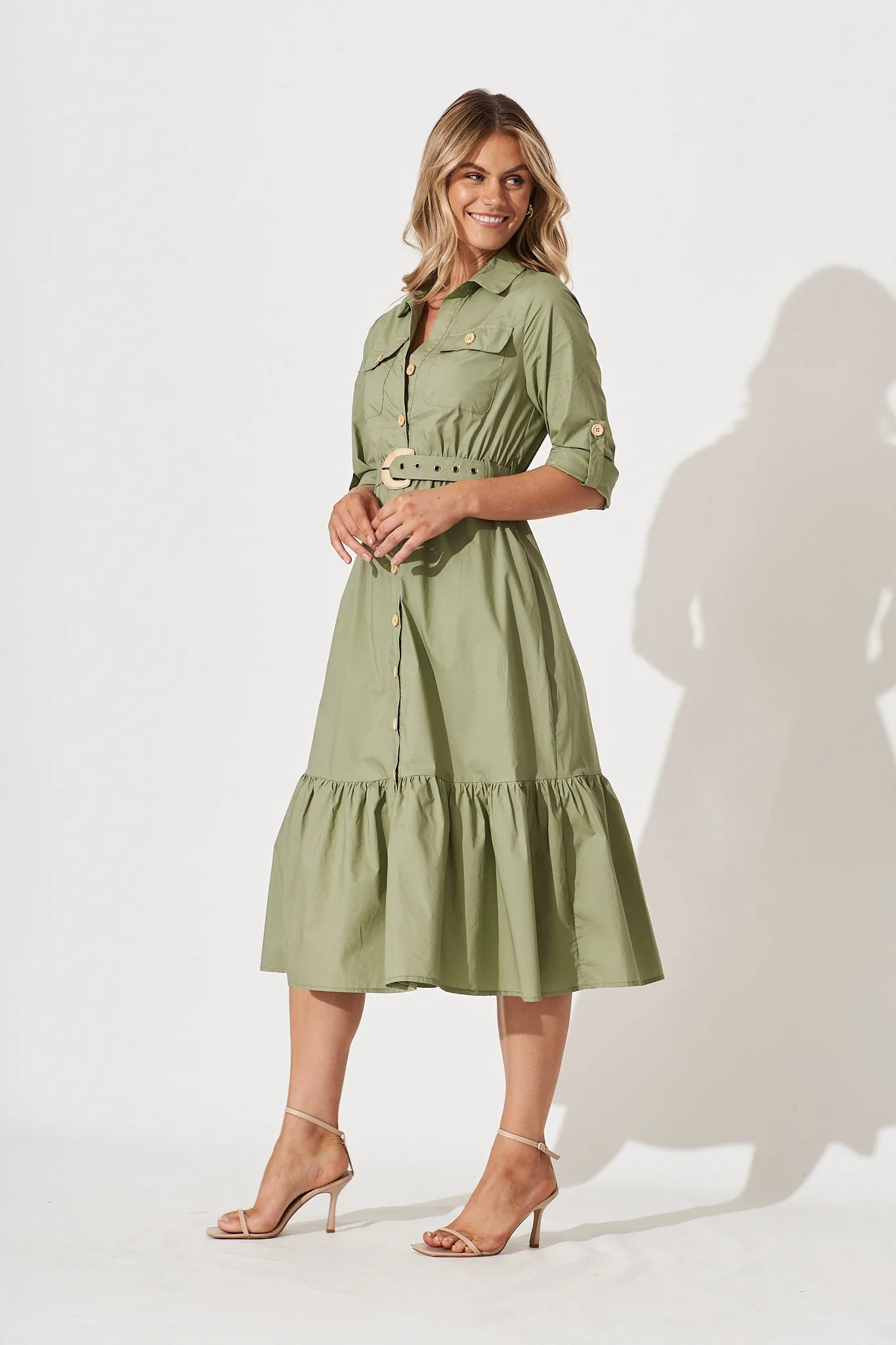 Cornellie Midi Shirt Dress In Khaki Cotton sold by St Frock