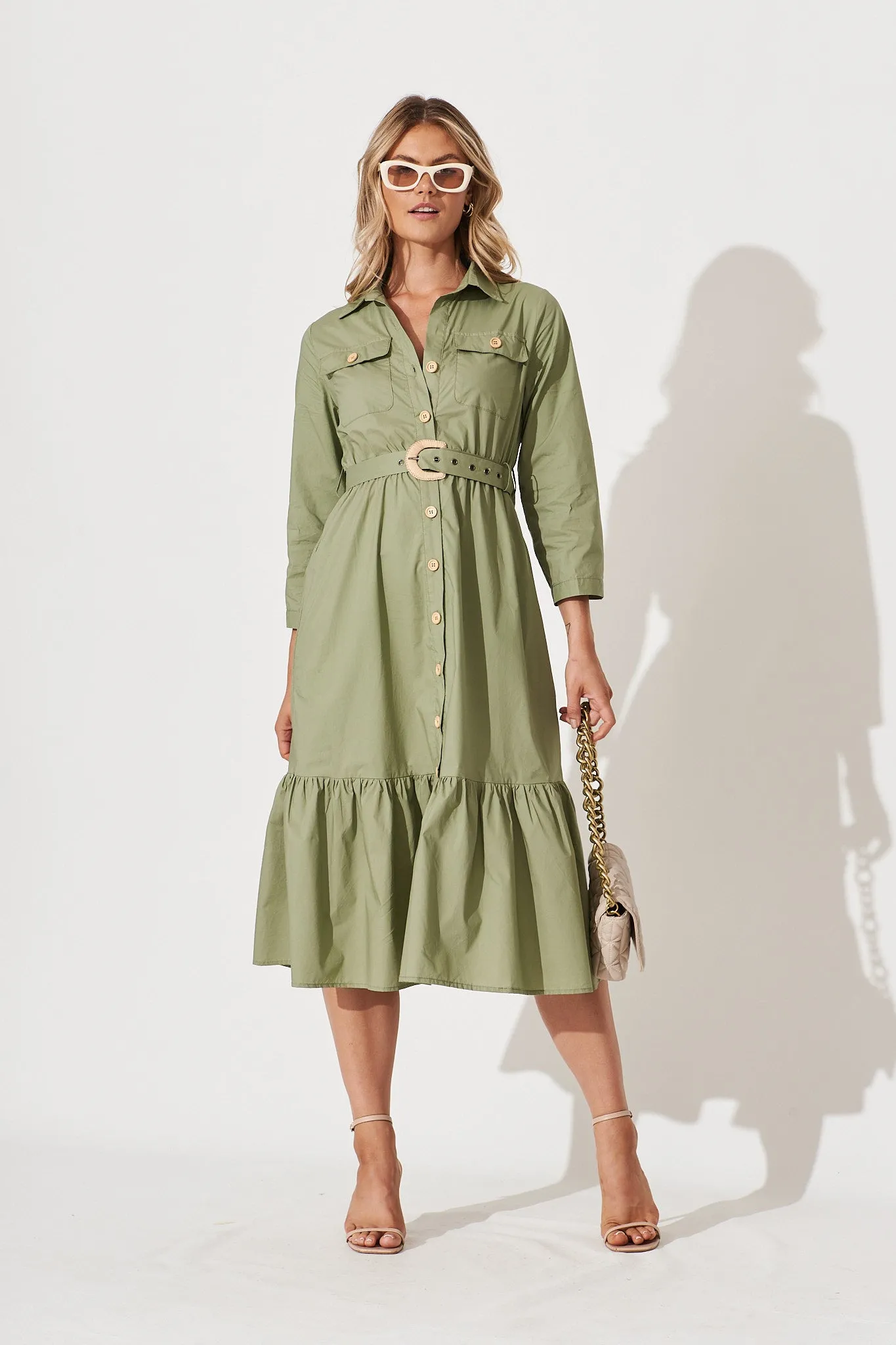 Cornellie Midi Shirt Dress In Khaki Cotton sold by St Frock product image thumbnail 2