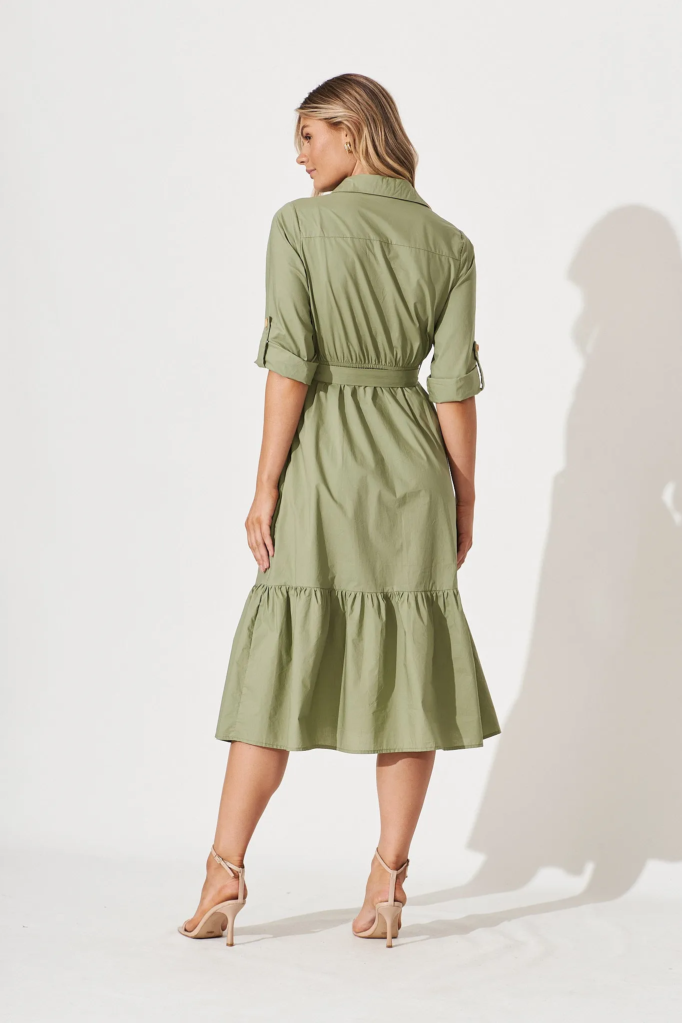 Cornellie Midi Shirt Dress In Khaki Cotton sold by St Frock product image thumbnail 4