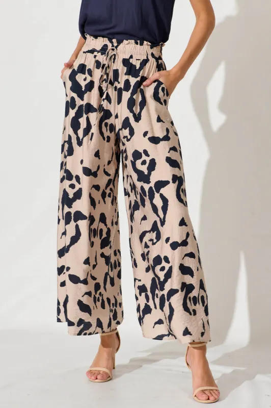 Goldie Wide Leg Pant In Champagne With Navy Cotton Blend sold by St Frock