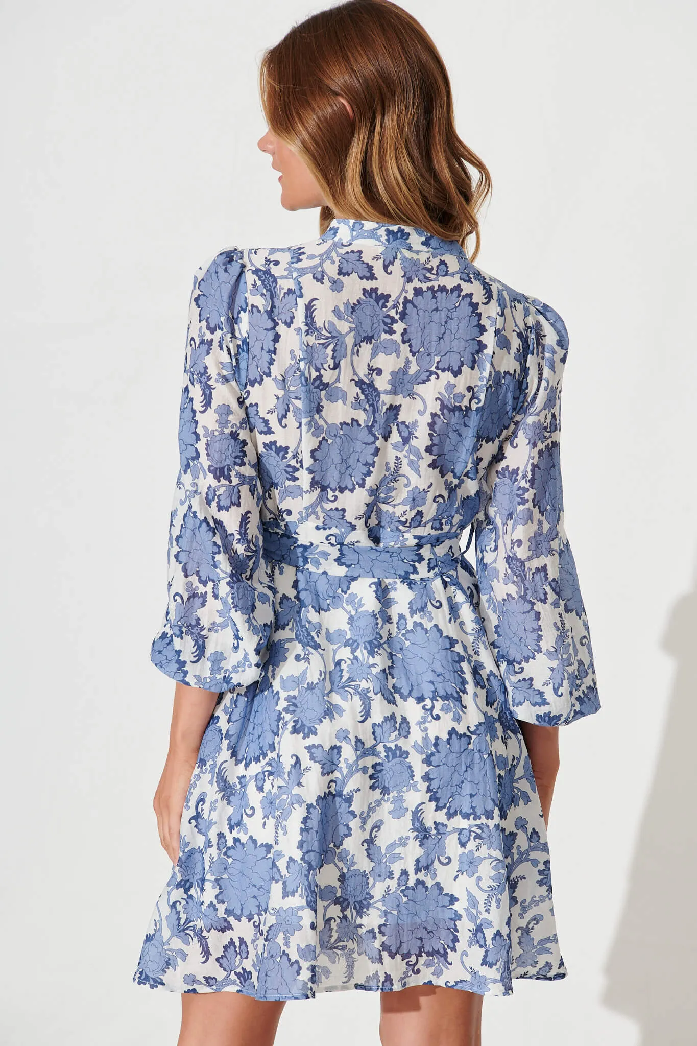 Mallorie Shirt Dress In Blue With White Floral Cotton Blend sold by St Frock product image thumbnail 4