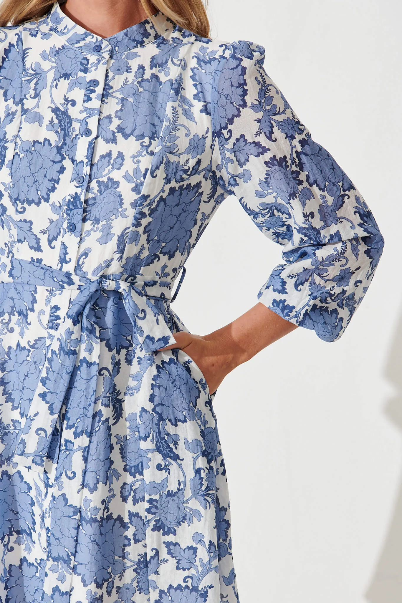 Mallorie Shirt Dress In Blue With White Floral Cotton Blend sold by St Frock product image thumbnail 5