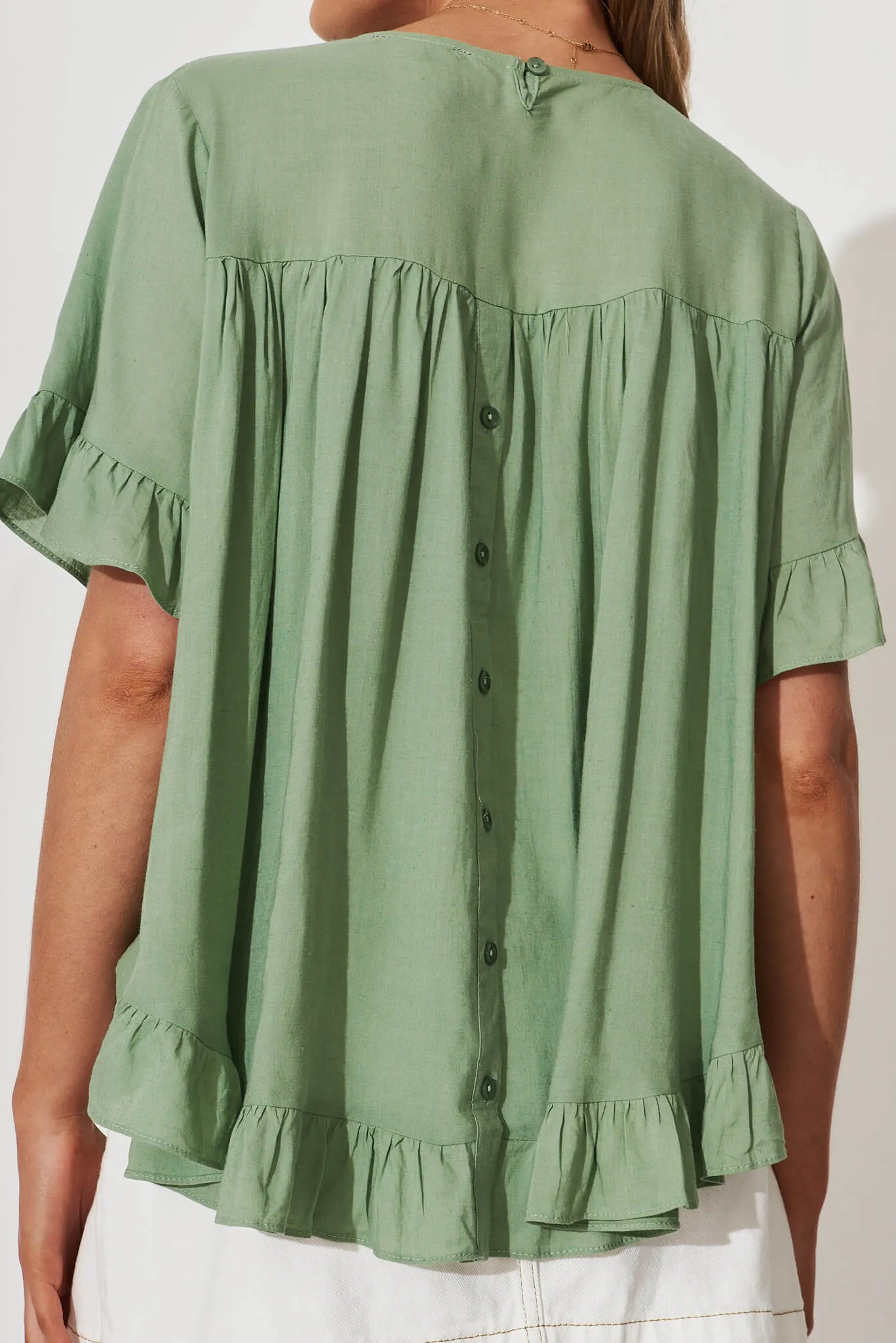 Carmeline Smock Top In Sage Linen Blend sold by St Frock product image thumbnail 5