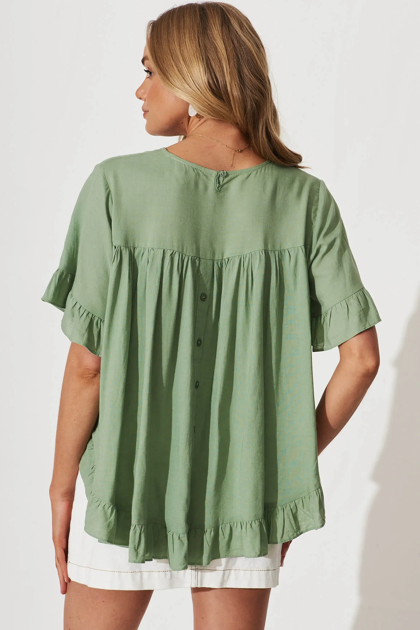 Carmeline Smock Top In Sage Linen Blend sold by St Frock product image thumbnail 3