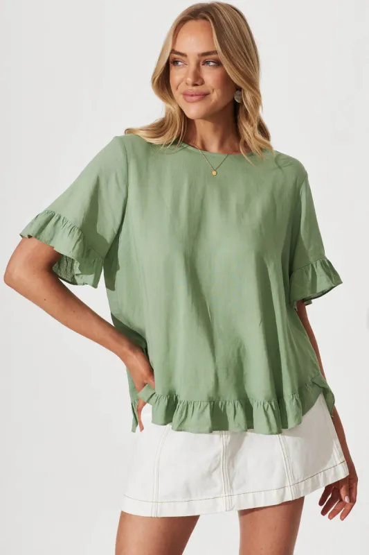 Carmeline Smock Top In Sage Linen Blend sold by St Frock