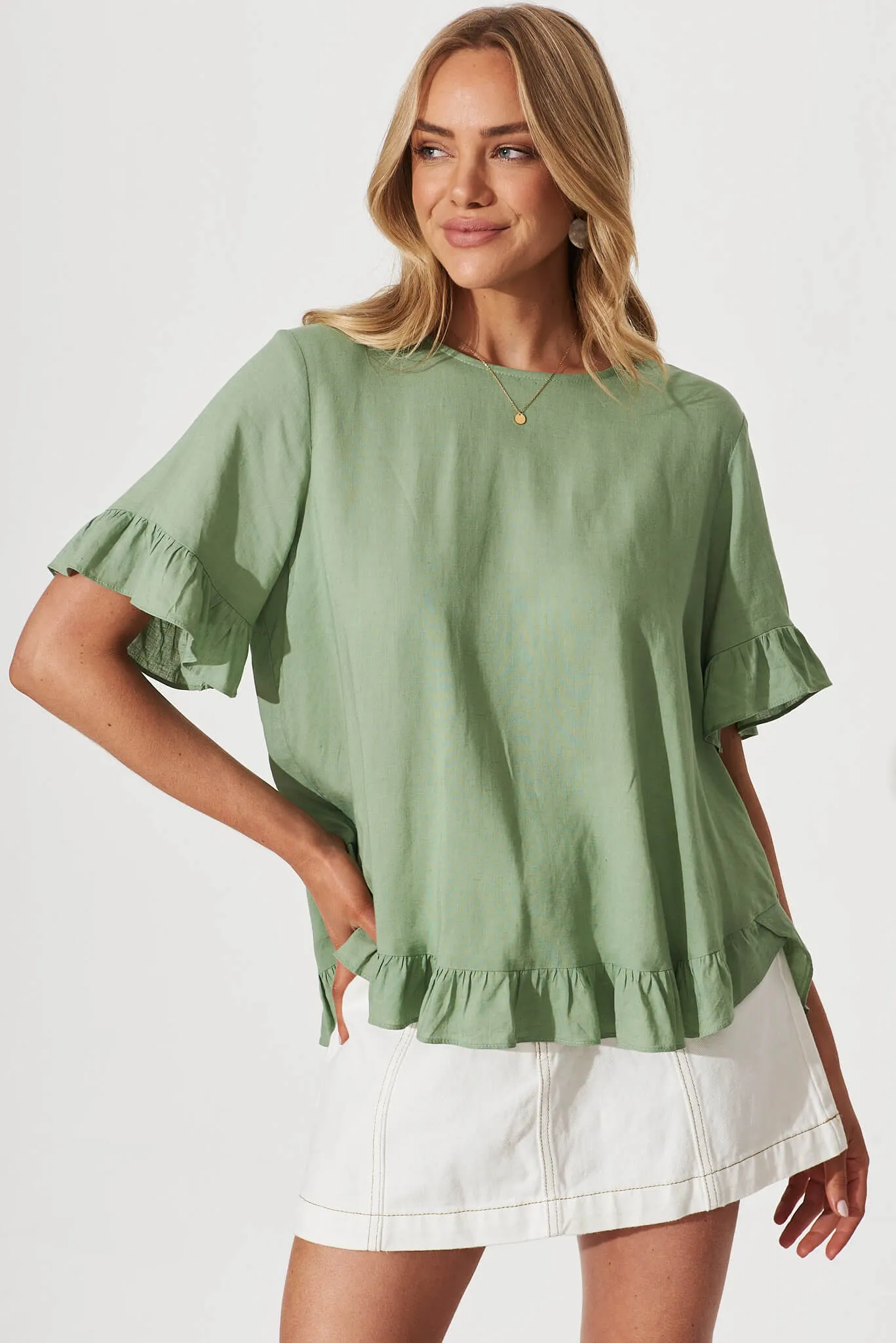 Carmeline Smock Top In Sage Linen Blend sold by St Frock