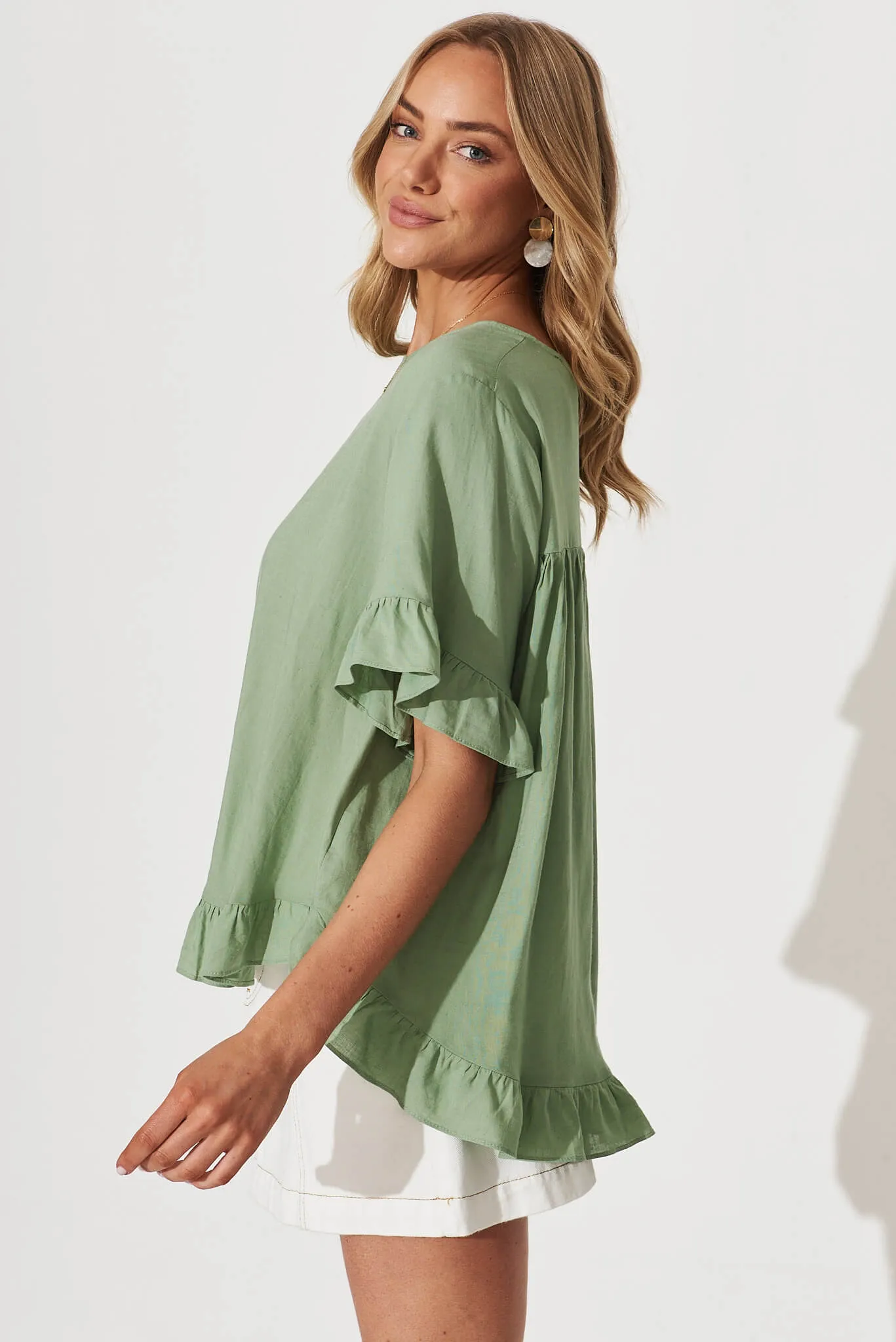 Carmeline Smock Top In Sage Linen Blend sold by St Frock product image thumbnail 2