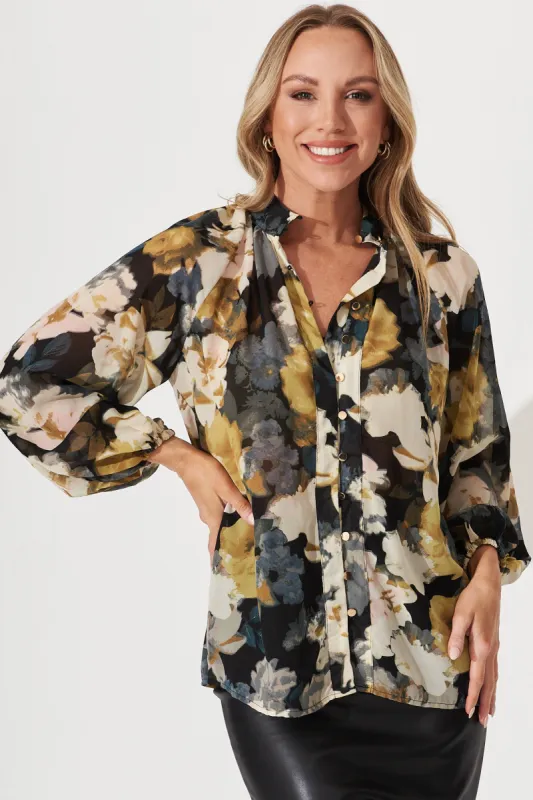 Aaliyah Shirt In Black With Cream And Mustard Floral Chiffon sold by St Frock