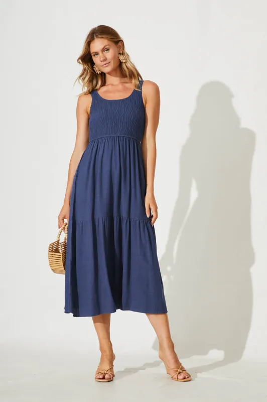 Caribbean Midi Dress In Navy Linen sold by St Frock