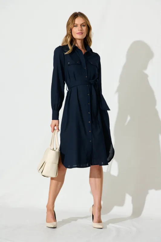 Britt Midi Shirt Dress In Navy Cotton Linen sold by St Frock