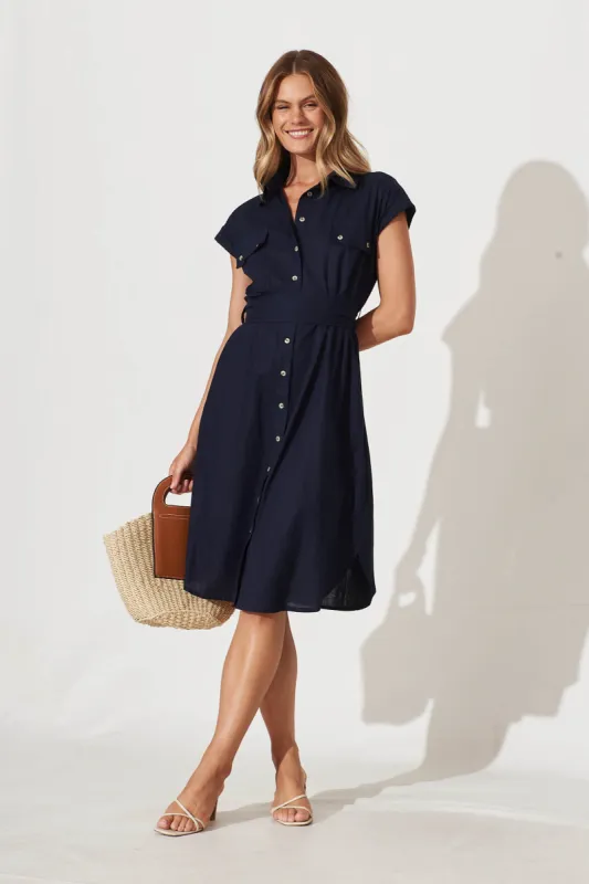 Brittany Midi Shirt Dress In Navy Cotton Linen sold by St Frock