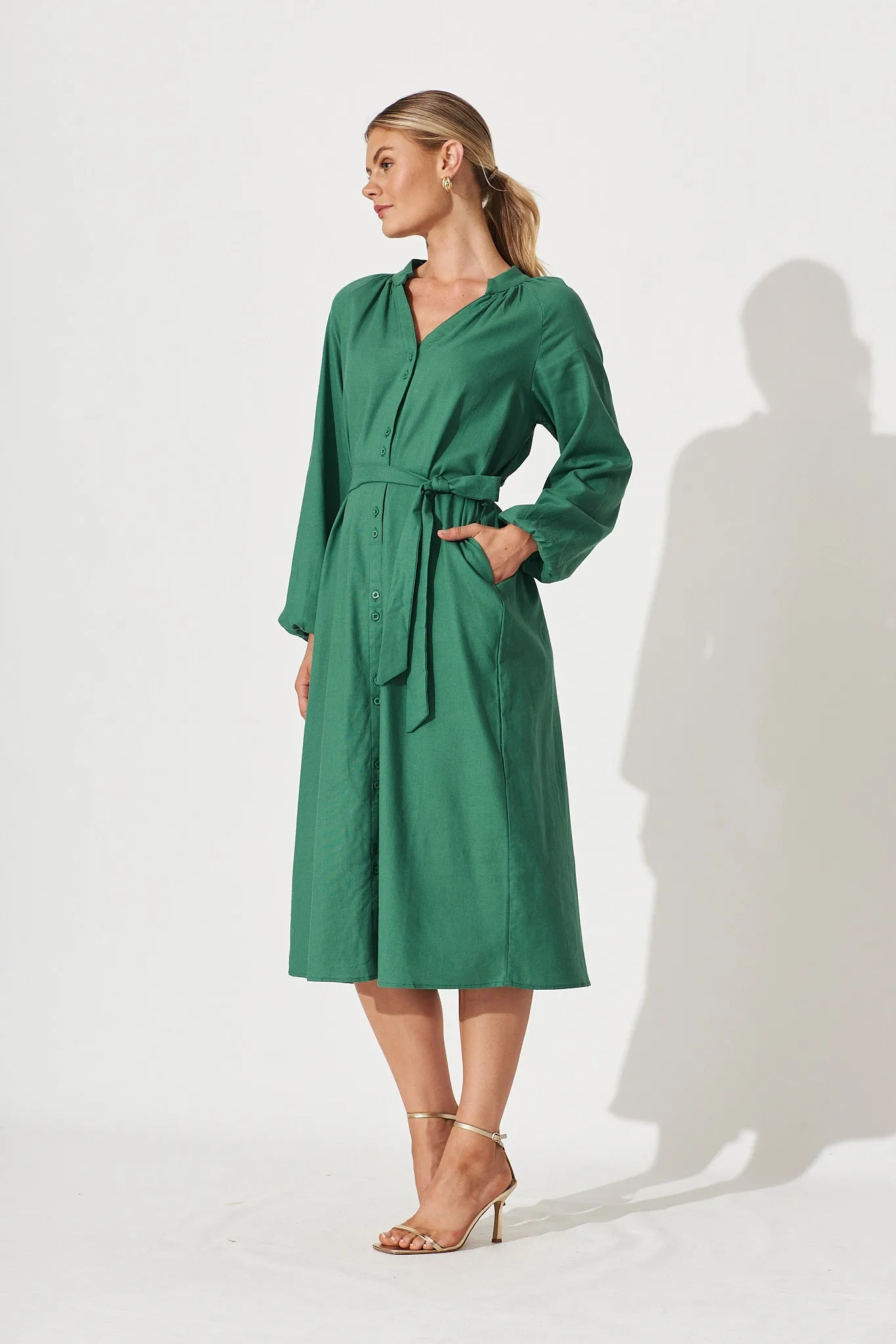 Castleton Midi Shirt Dress In Dark Green Linen sold by St Frock product image thumbnail 3