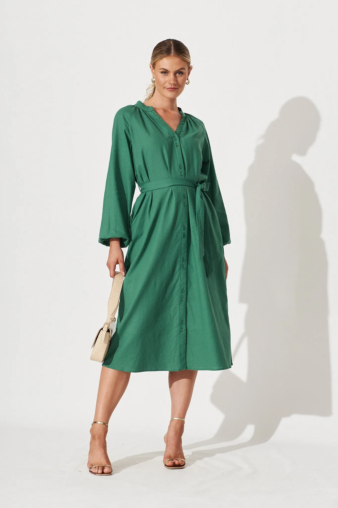 Castleton Midi Shirt Dress In Dark Green Linen sold by St Frock