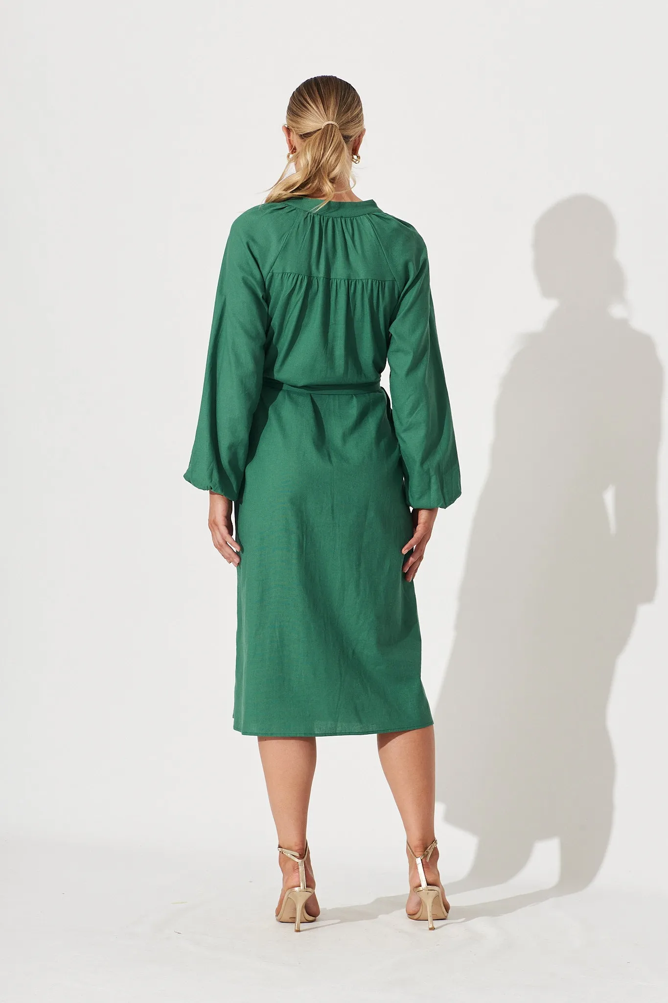 Castleton Midi Shirt Dress In Dark Green Linen sold by St Frock product image thumbnail 4