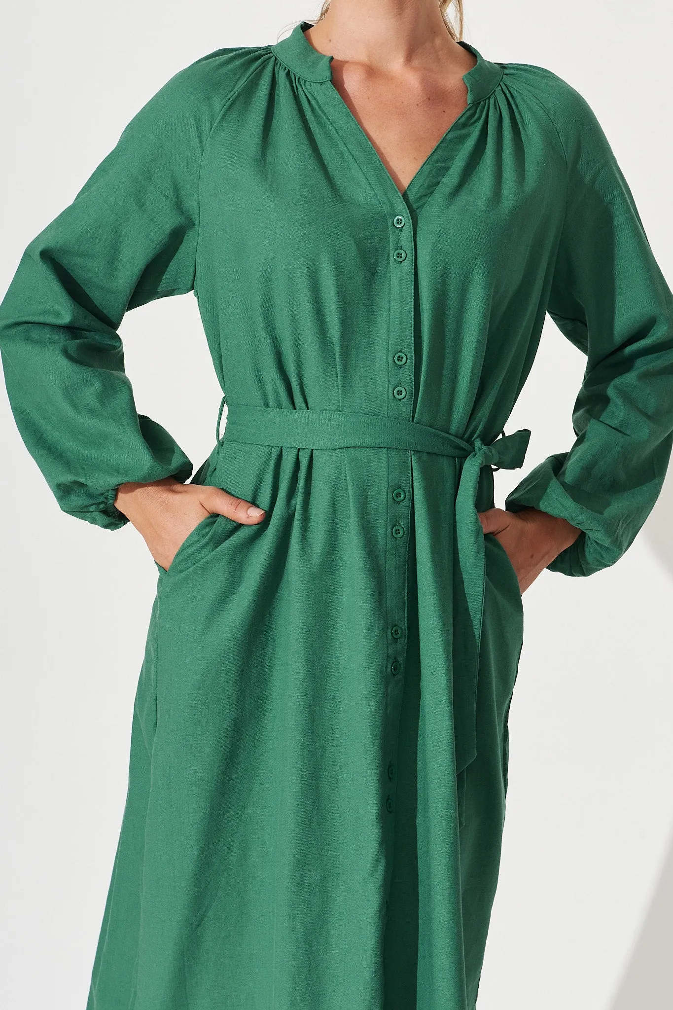 Castleton Midi Shirt Dress In Dark Green Linen sold by St Frock product image thumbnail 5