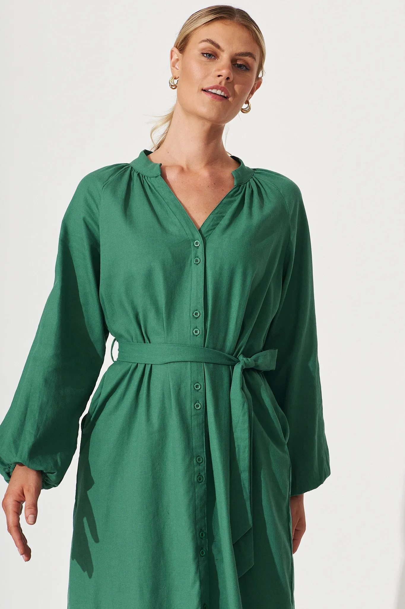 Castleton Midi Shirt Dress In Dark Green Linen sold by St Frock product image thumbnail 2