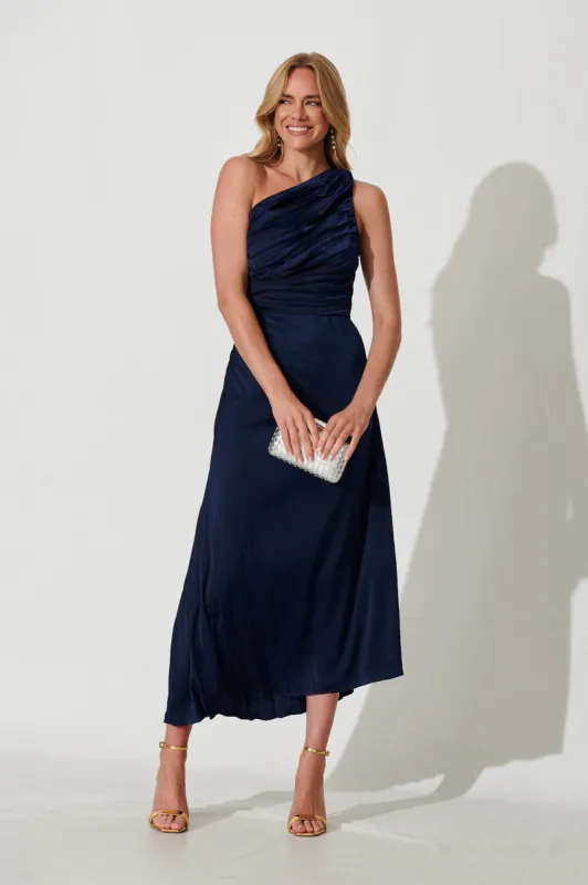 Toulon One Shoulder Maxi Dress In Navy sold by St Frock