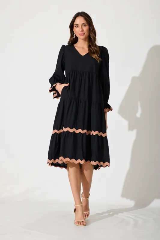 Ramona Midi Smock Dress In Black Cotton With Ric Rac Trim sold by St Frock