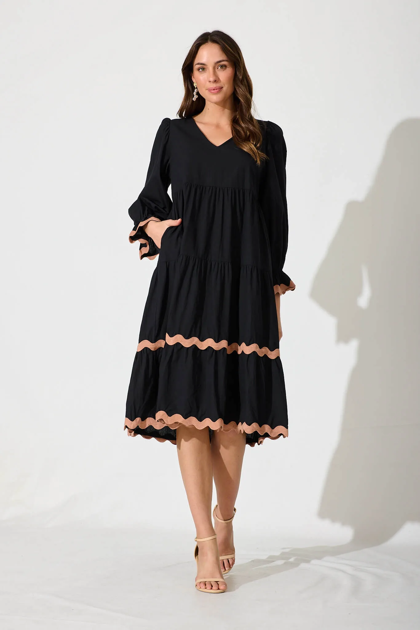 Ramona Midi Smock Dress In Black Cotton With Ric Rac Trim sold by St Frock