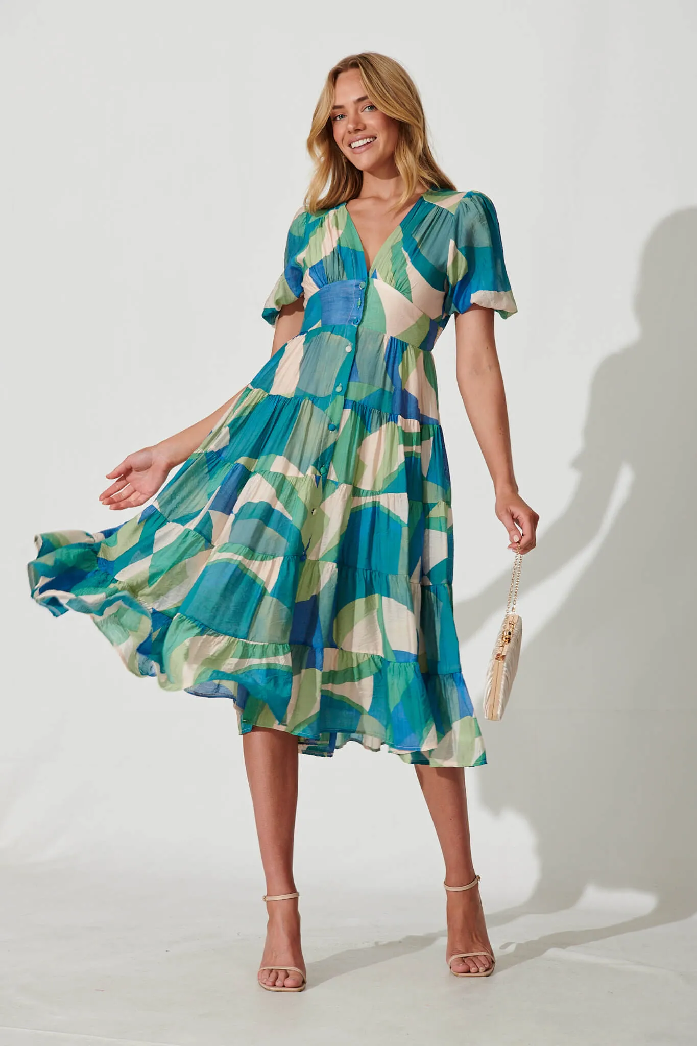 Modica Midi Dress In Blue Green Patchwork sold by St Frock