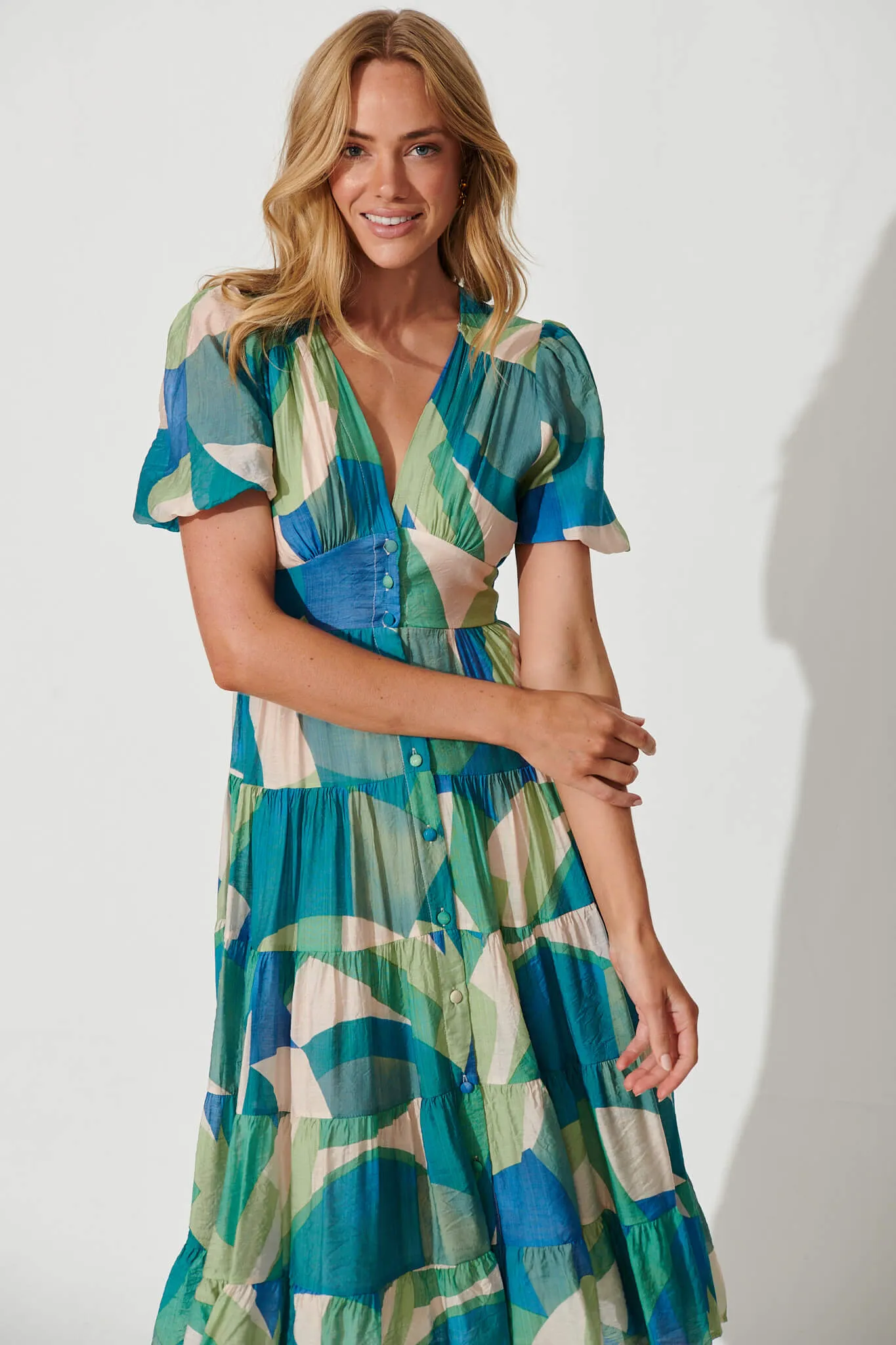 Modica Midi Dress In Blue Green Patchwork sold by St Frock product image thumbnail 2