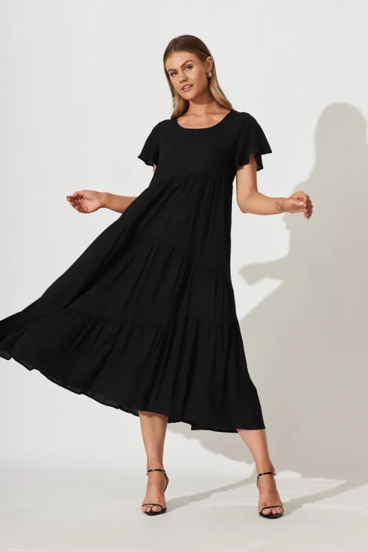 Louisiana Midi Smock Dress In Black Linen Blend sold by St Frock