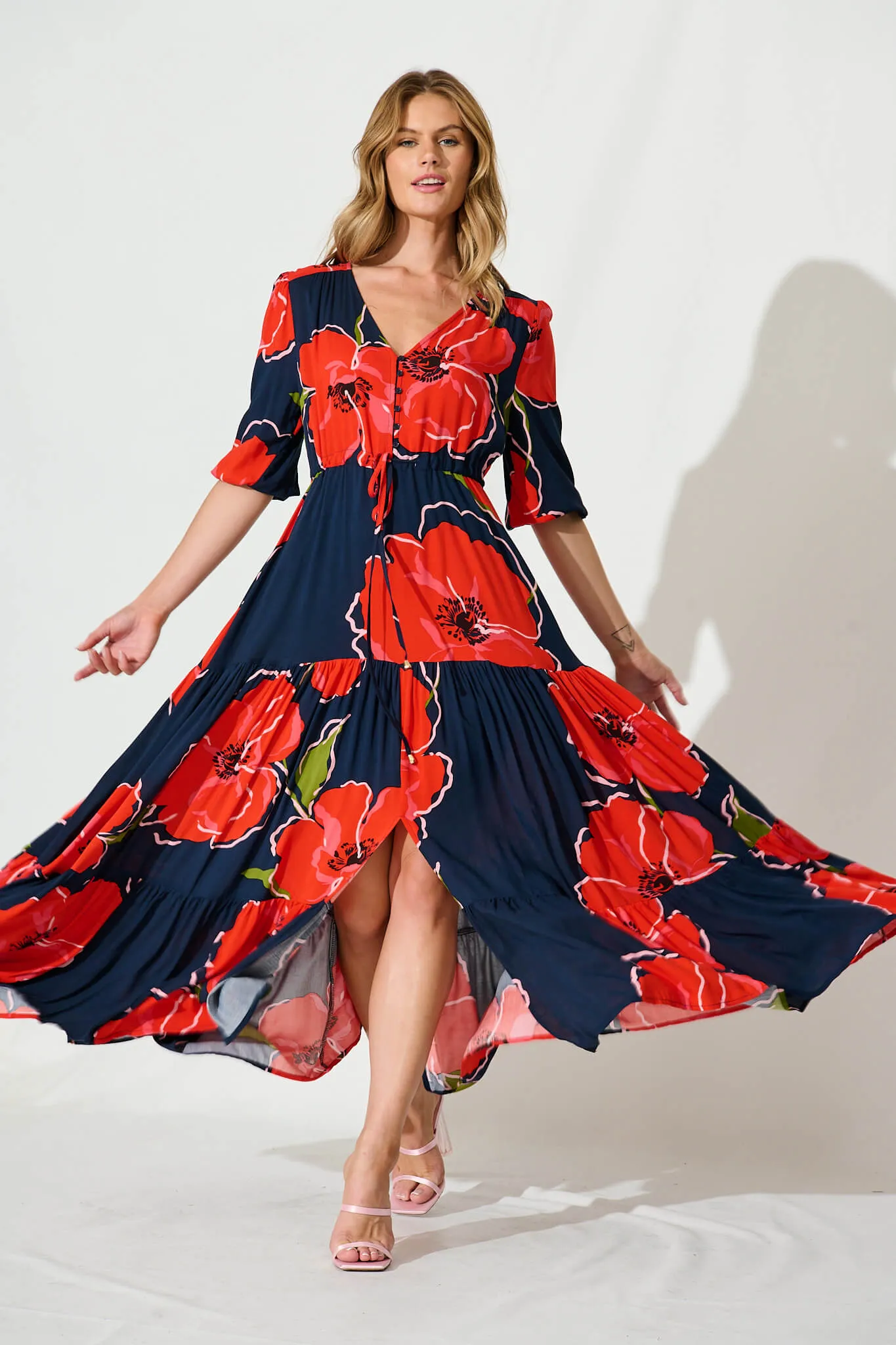 Emilia Maxi Dress In Navy With Red Floral sold by St Frock
